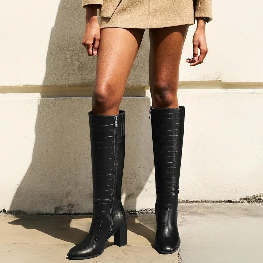 Women's Crocodile Black Knee High Boots Round Toe Side Zip Chunky Heel Rubber